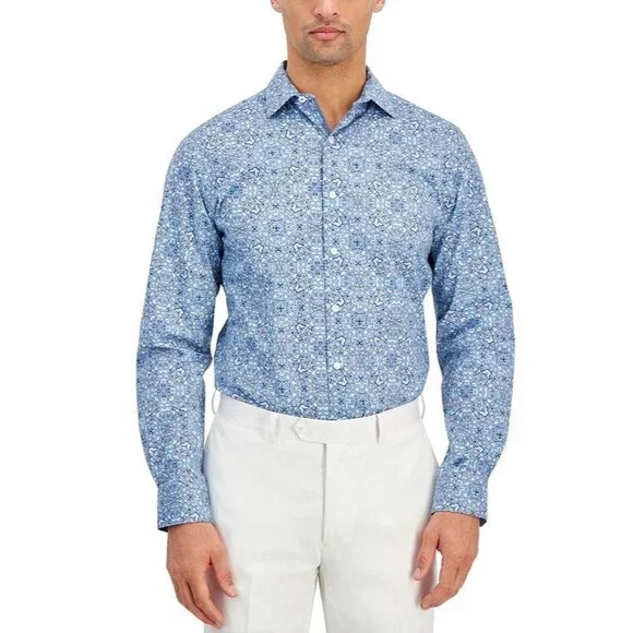 Bar III Men's Slim-Fit Stretch Butterfly Pattern Dress Shirt Blue Size M 15-15.5 - Picture 4 of 9